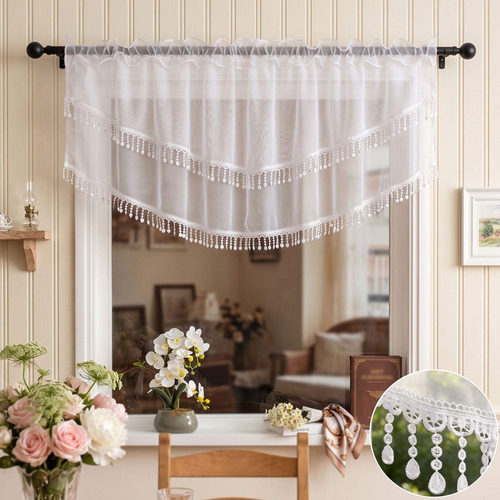 Home Office Rate - 2PCS White Lace Beaded Tassel Cafe